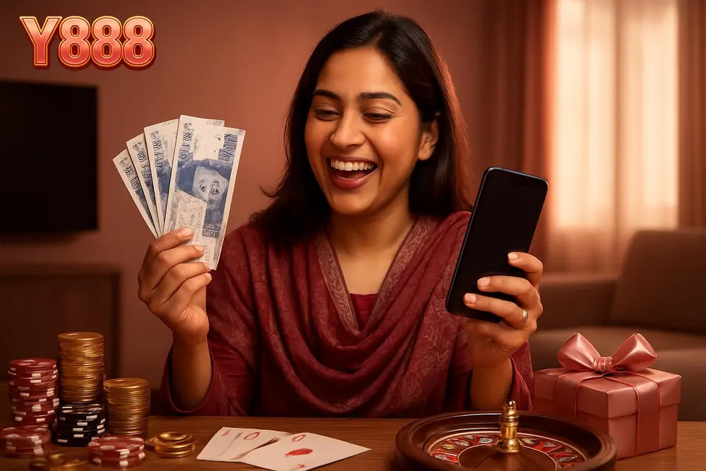 Y888 Deposit โ a Pakistani woman holding banknotes and a smartphone together celebrating a successful deposit at home Y888 Deposit โ a Pakistani woman holding banknotes and a smartphone together celebrating a successful deposit at home