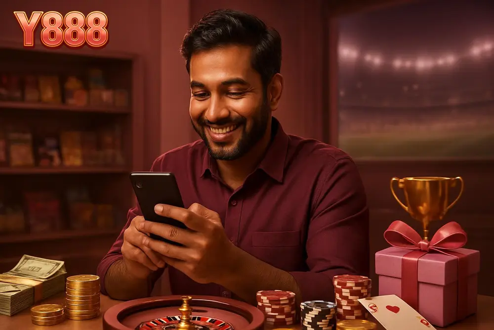 Y888 Deposit โ a Pakistani man smiling while completing a mobile payment transaction on his phone at a small shop Y888 Deposit โ a Pakistani man smiling while completing a mobile payment transaction on his phone at a small shop
