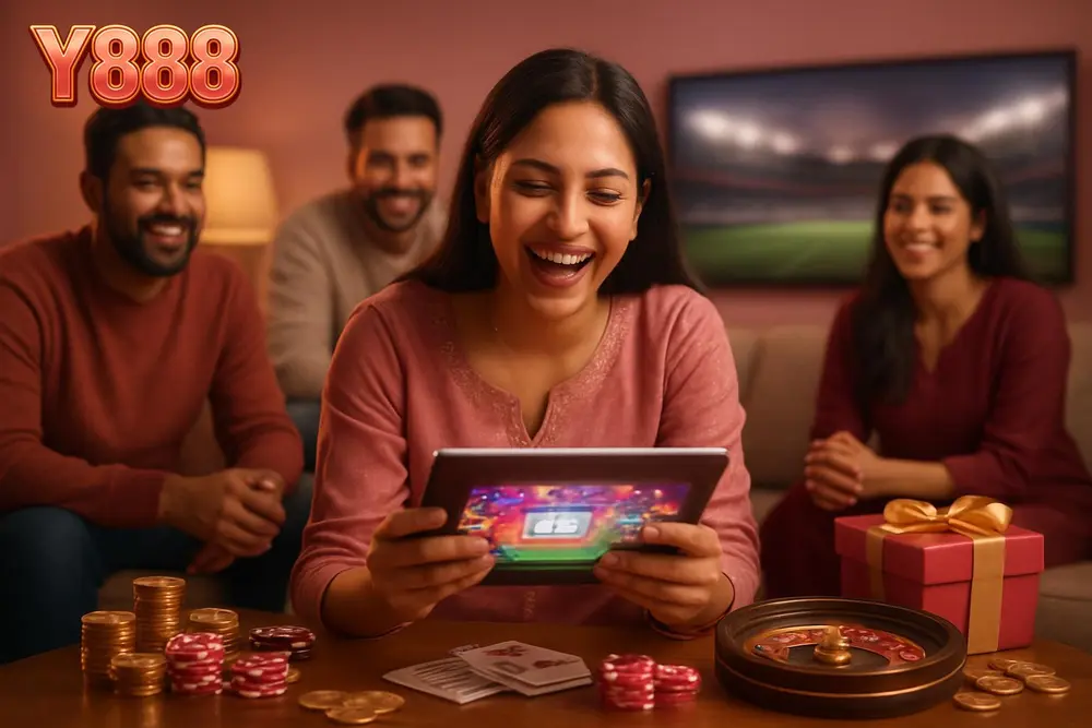 Y888 Games — a Pakistani woman laughing while playing a colorful tablet game surrounded by friends in a living room