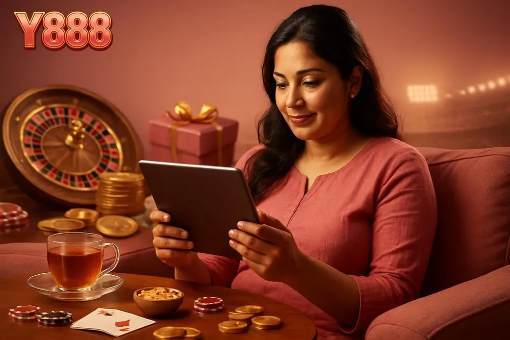Y888 Pakistan โ a Pakistani woman relaxing on a sofa browsing a gaming app on her tablet with tea and snacks nearby Y888 Pakistan โ a Pakistani woman relaxing on a sofa browsing a gaming app on her tablet with tea and snacks nearby