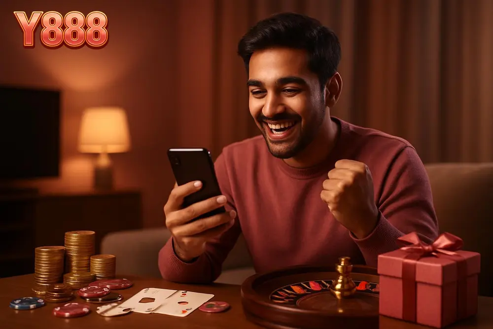 Y888 Pakistan โ a young Pakistani man smiling while celebrating a win on his smartphone in a cozy living room with Y888 Pakistan โ a young Pakistani man smiling while celebrating a win on his smartphone in a cozy living room with