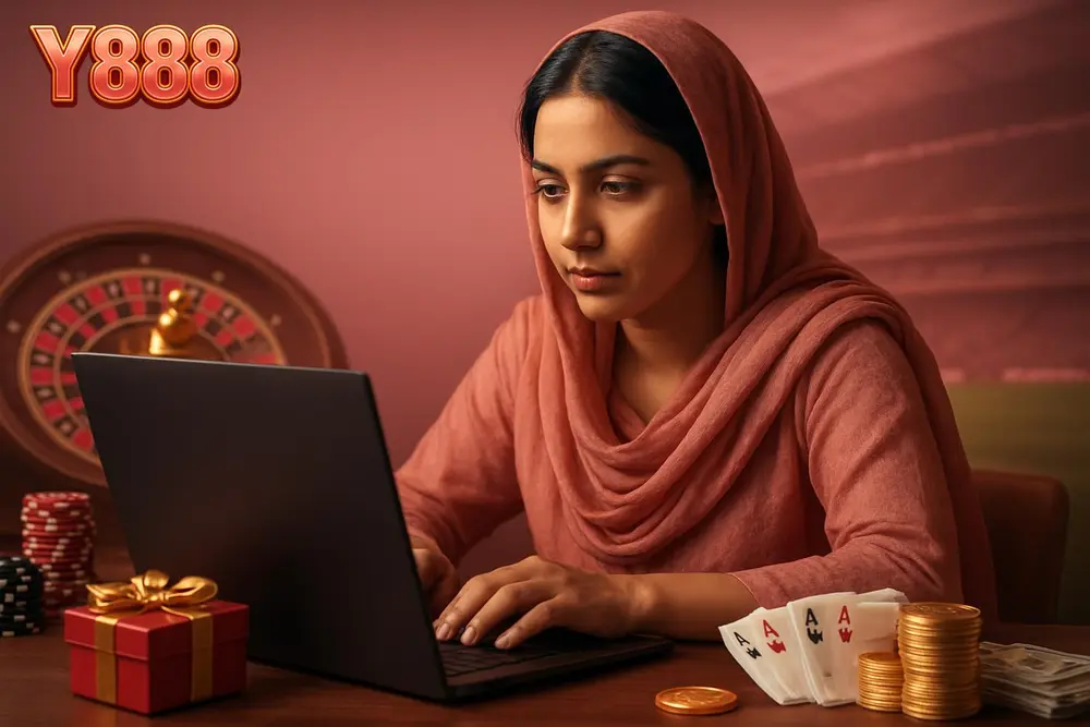 Y888 Login โ a Pakistani woman typing on a laptop keyboard with a focused expression while logging into an account Y888 Login โ a Pakistani woman typing on a laptop keyboard with a focused expression while logging into an account